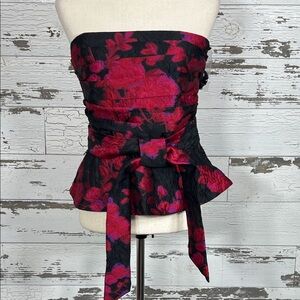 WHITE HOUSE BLACK MARKET Jacquard Tie Waist Bustier Black & Red Floral Sz 8 NWT